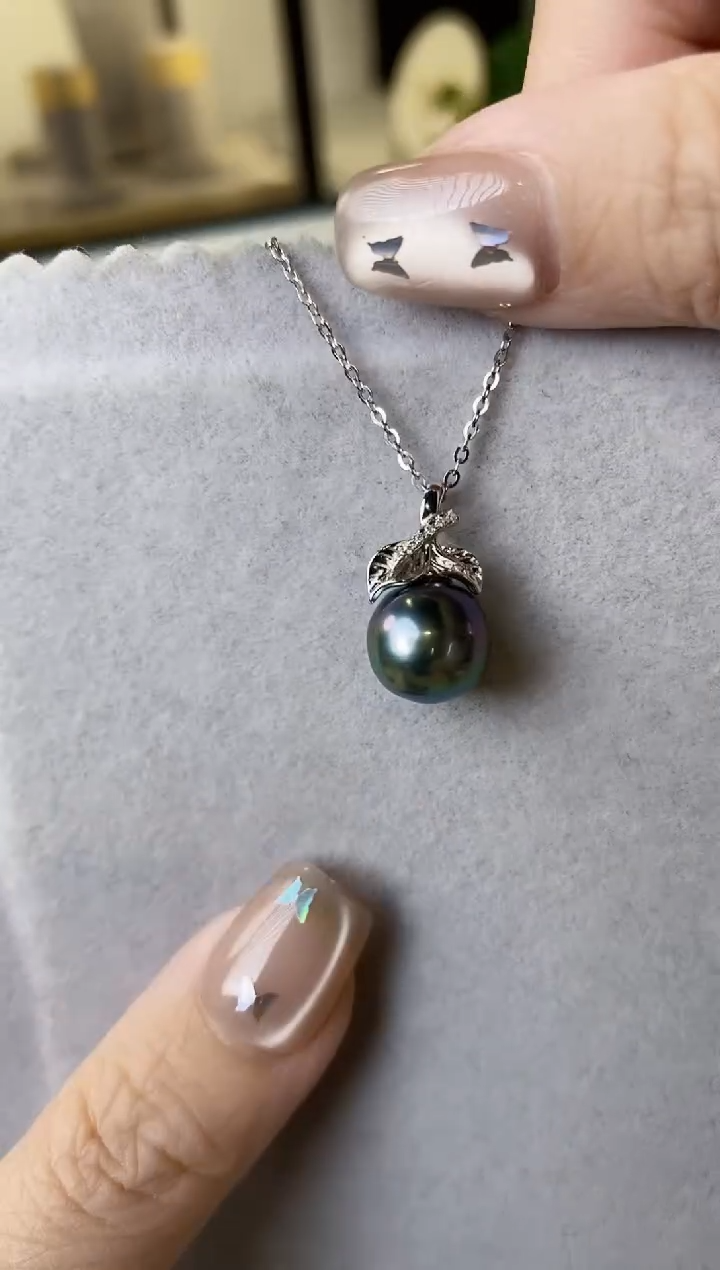 【闪购商品】海水珍珠吊坠(赠链)银S925镶嵌10-11大溪地黑珍珠吊坠