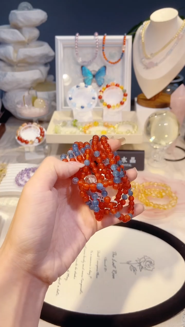 未镶嵌手串水晶双圈海蓝宝红玛瑙