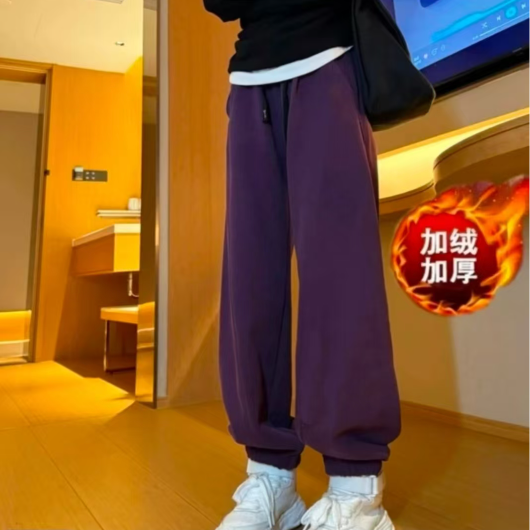 冬季2025韩版加绒加厚刺绣时尚百搭宽松高腰显瘦松紧腰束脚卫裤女