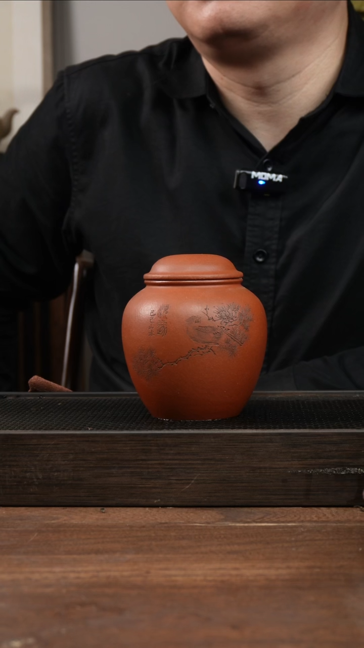 茶杯紫砂红清水小鸟刻绘  圆茶叶罐 ！ 