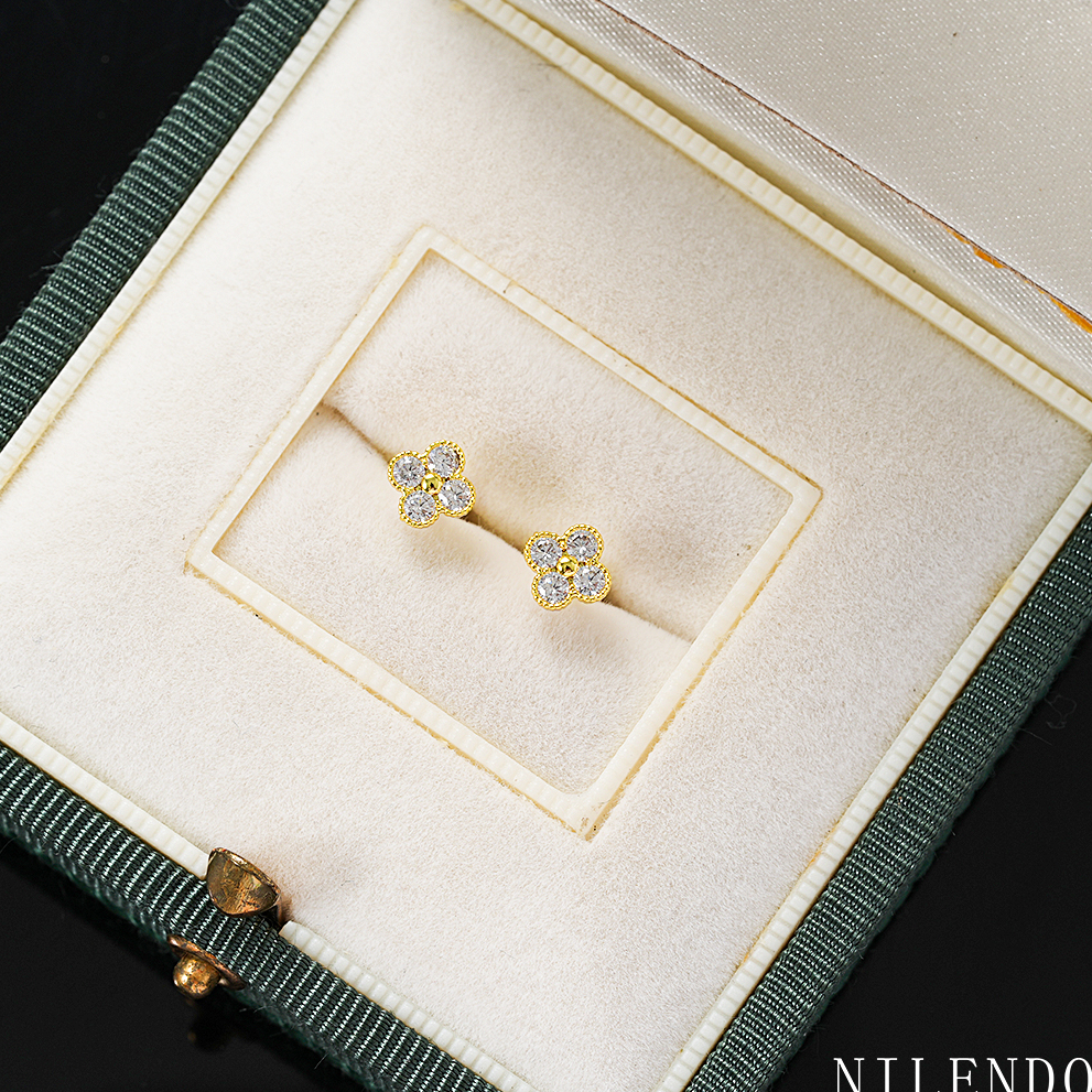 铜合金合成锆石耳饰 ES-89精致小巧百搭四叶花耳钉