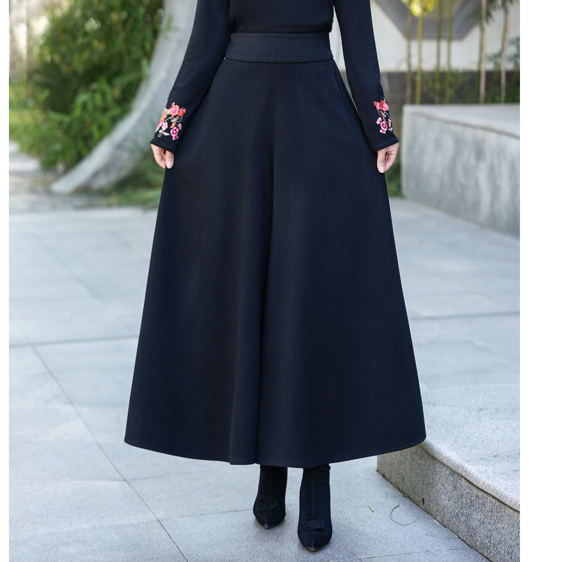 【爱漂亮】新中式秋冬款加厚民族风大码松紧腰裙裤大摆裤