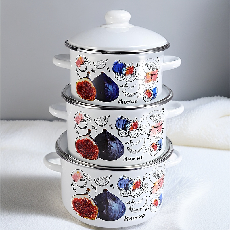俄罗斯进口搪瓷厨具2L 3L 4L 3件套炖煮锅猪油罐储藏罐 火锅 汤锅