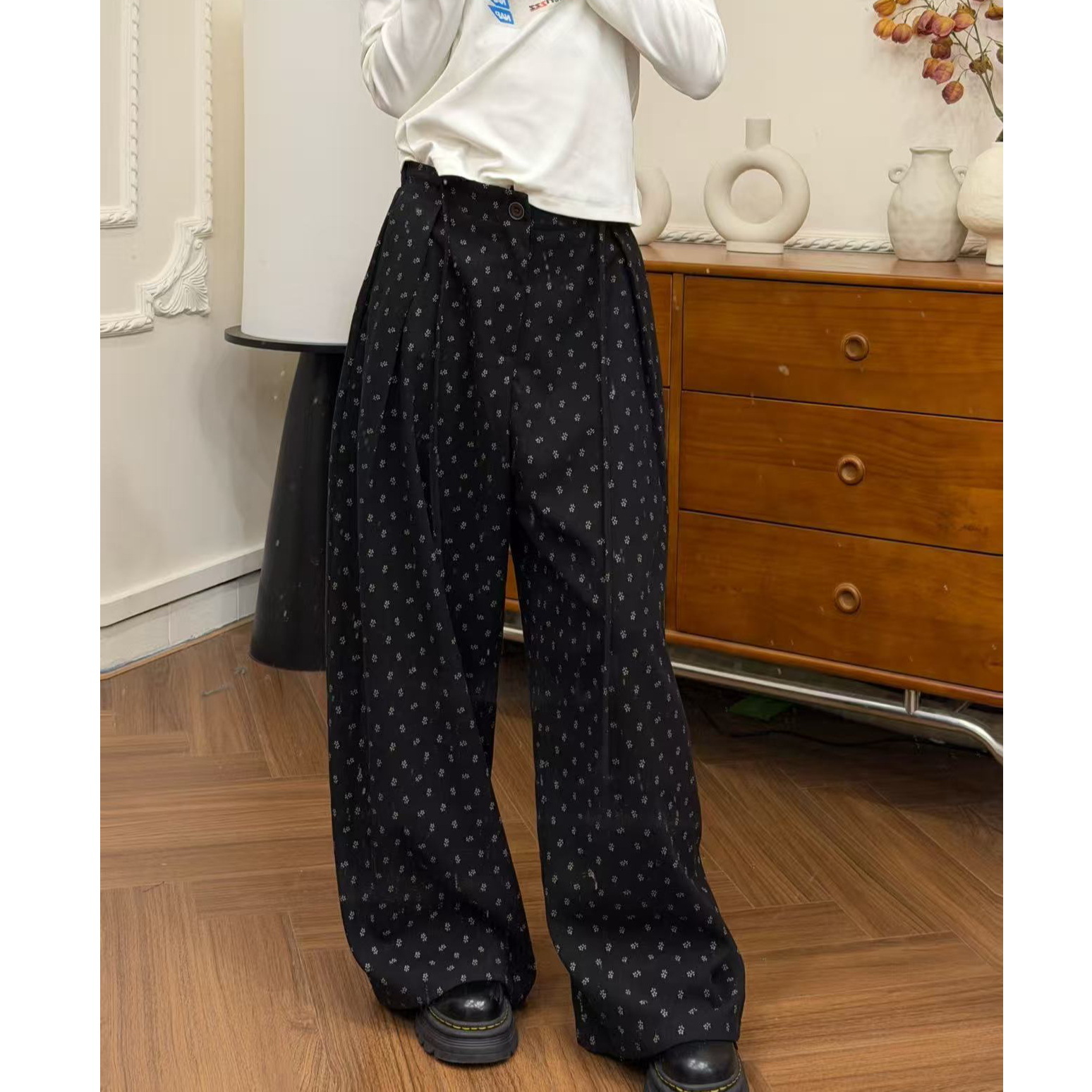 简约复古波点设计直筒阔腿高腰休闲裤#8092