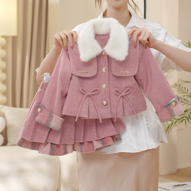 2025冬季女童加厚夹棉小香风毛领上衣外套百褶裙套装两件套D17828