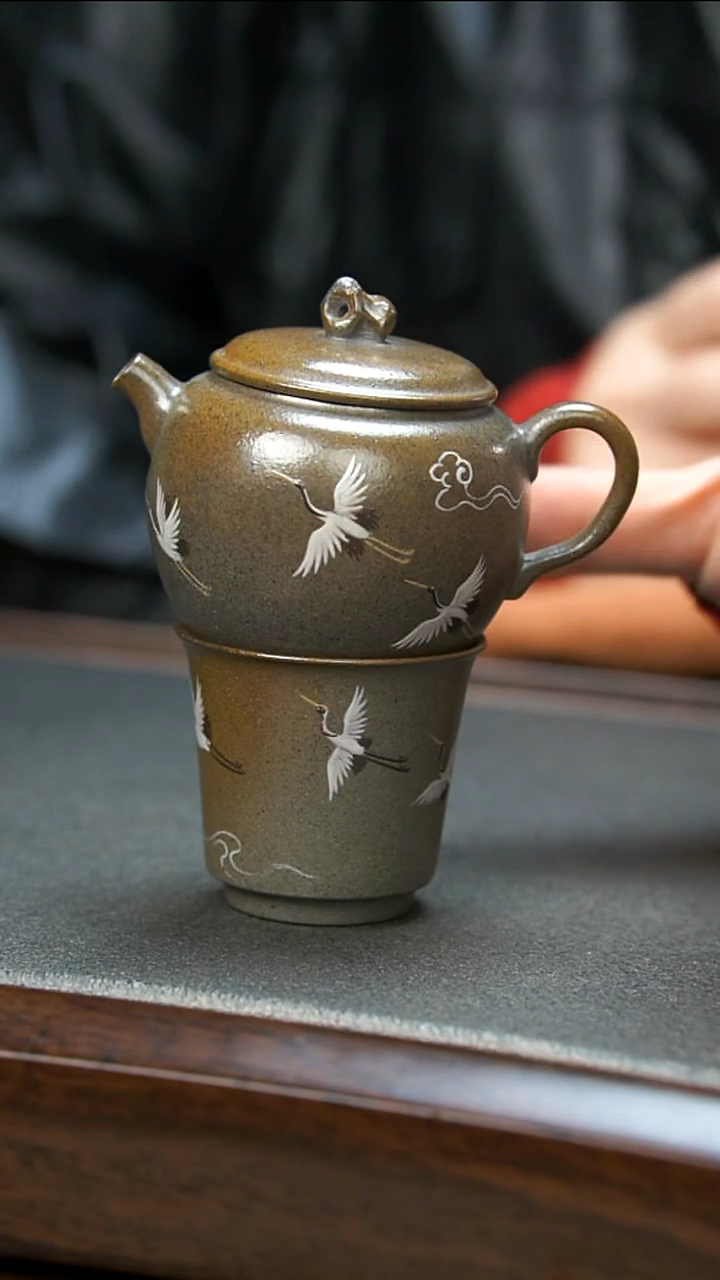 【闪购商品】紫砂茶壶青 柴烧祥鹤壶+杯