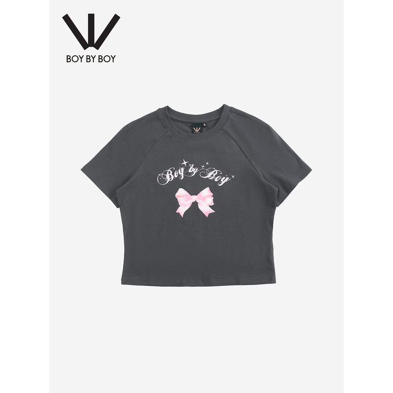 BOY BY BOY美式复古蝴蝶结印花短款短袖T恤女修身显瘦W01003