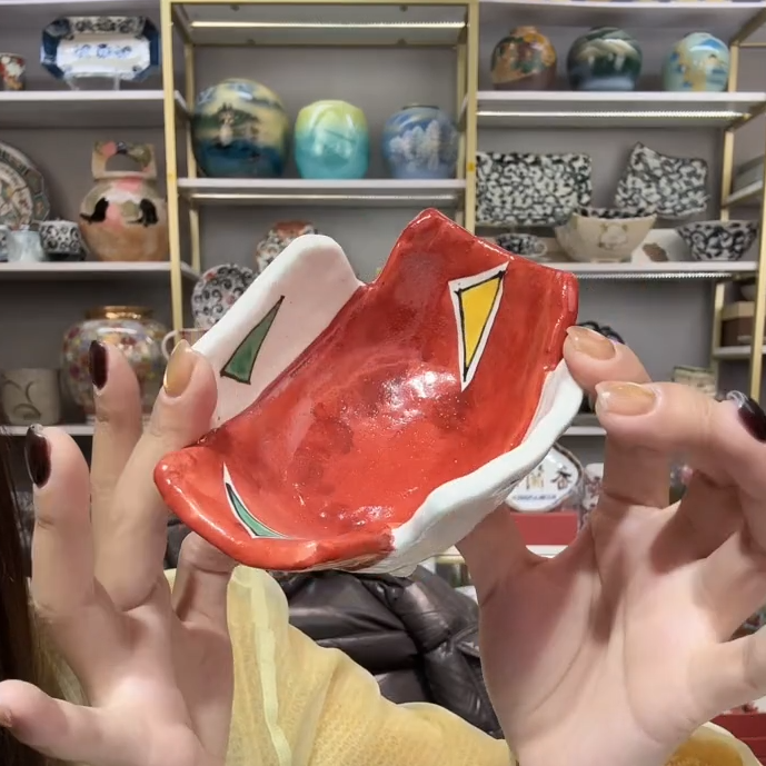 新品四【单支】日本进口濑户烧赤绘几何三足小钵12cm×9.8cm