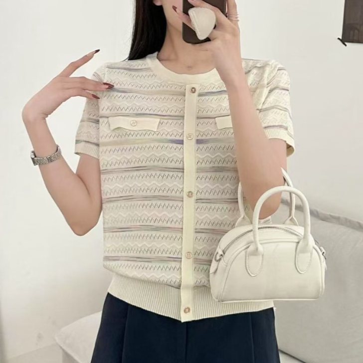 彩条假开衫气质减龄小香风针织短袖上衣休闲通勤