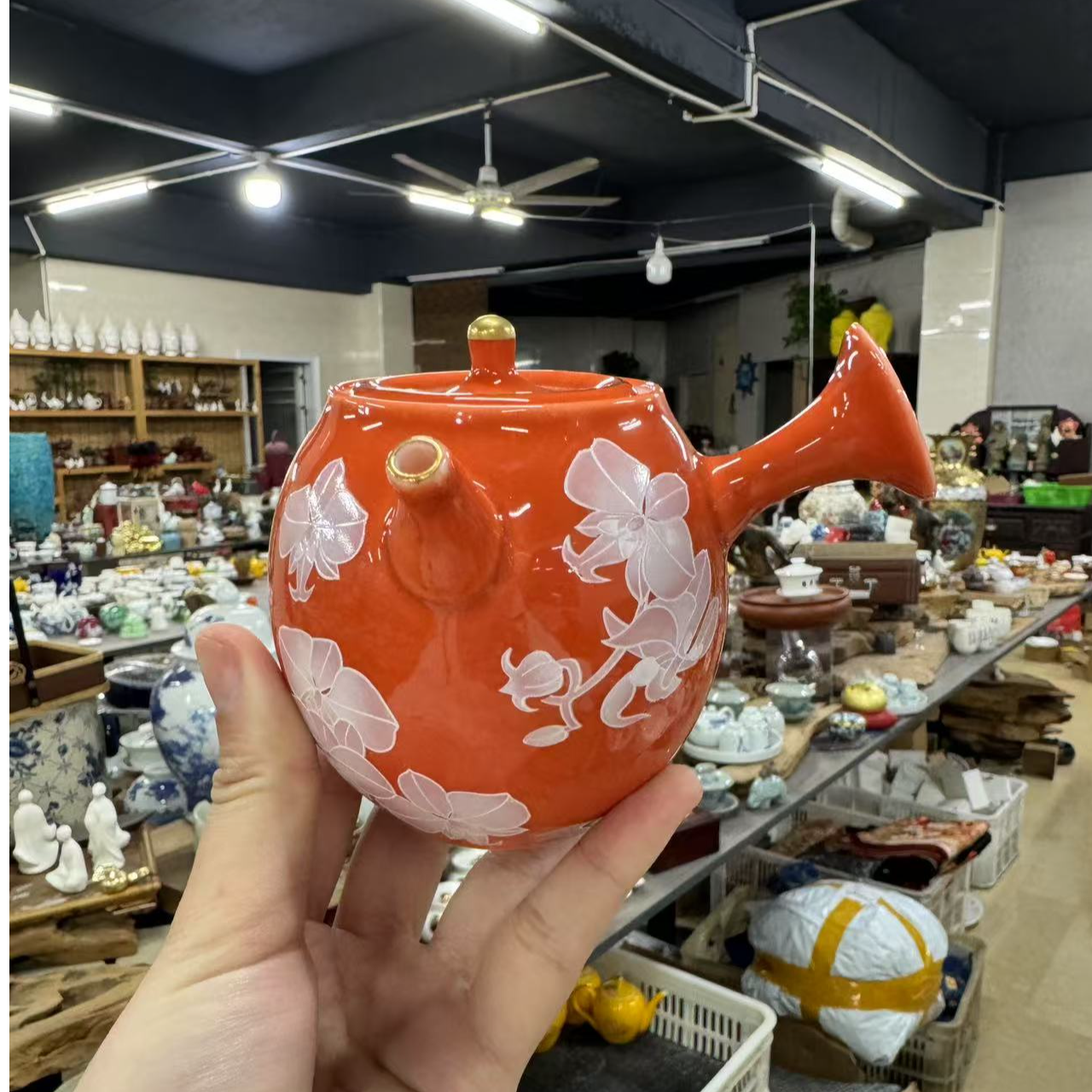 日式回流粉花橙色侧把壶