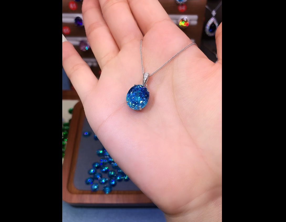 坠链均925银 925银大克拉 精致豪华镶嵌海蓝色吊坠06120