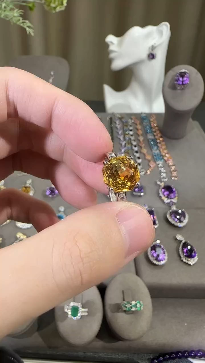 银S925镶嵌戒指黄晶9mm戒指玫瑰款