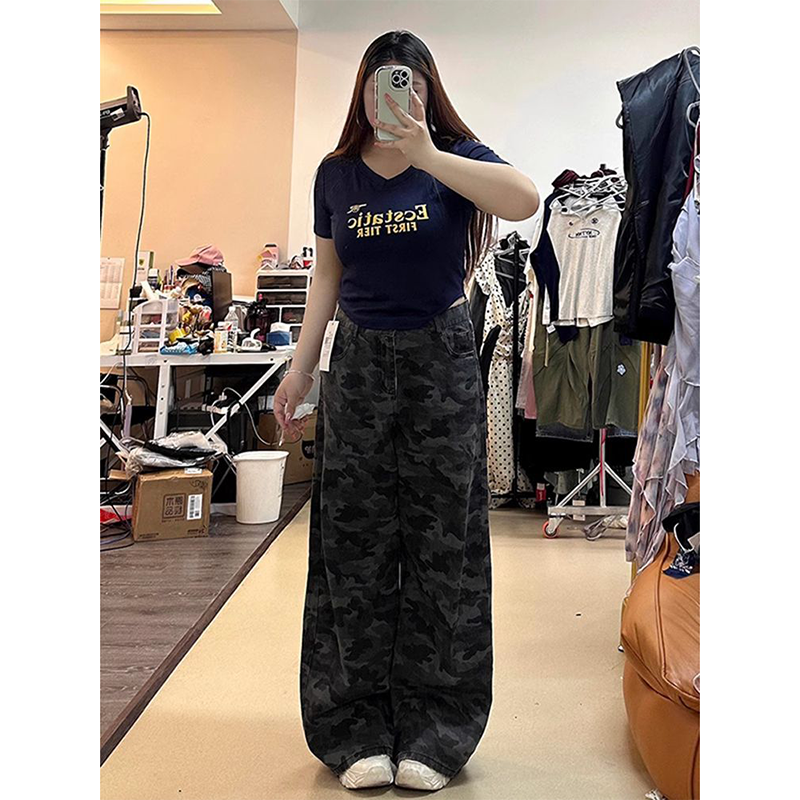 300斤大码复古美式迷彩工装裤胖mm高腰显瘦休闲百搭阔腿牛仔裤女
