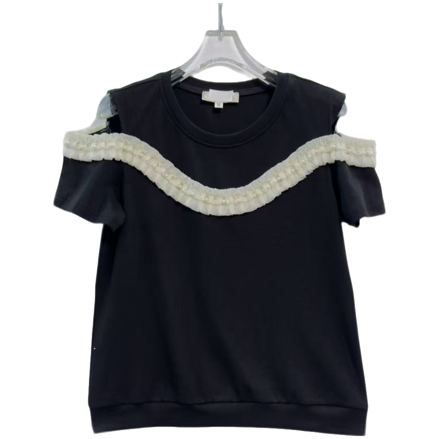 桐然精选076#夏季高端品质荷叶边钉珠重工时尚百搭垂感修身上衣