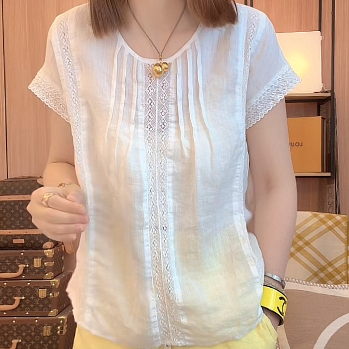 圆领拼接蕾丝松弛感短袖T恤上衣2025年夏季新款复古百搭休闲上衣