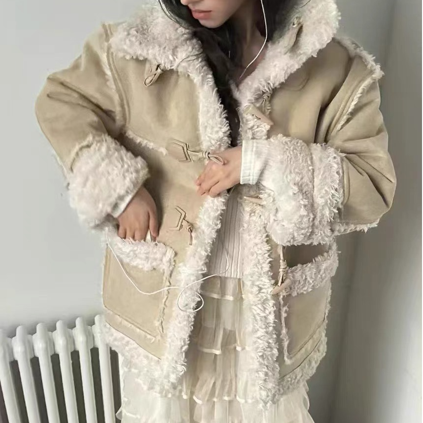 韩系FOUNDATI*N2025冬季新款牛角扣两面穿皮毛一体外套25036-W