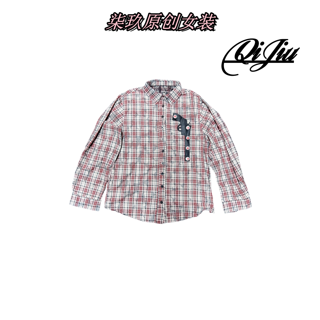 2025春夏新款12771红色格子蕾丝内衬衬衫