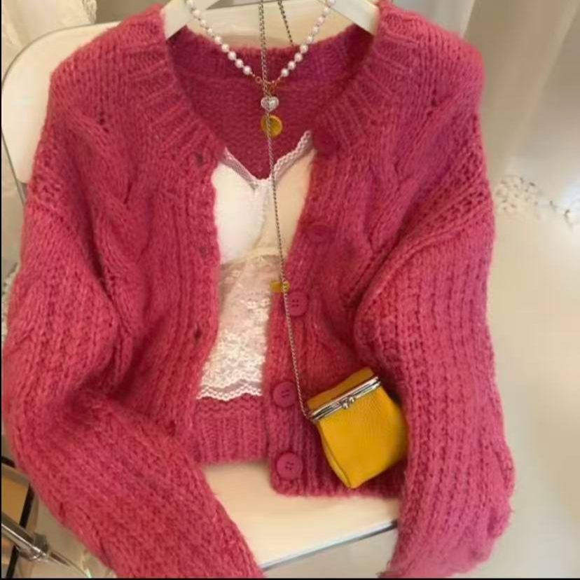 时髦洋气玫红色针织毛衣女2025年新款秋冬氛围感气质独特开衫上衣