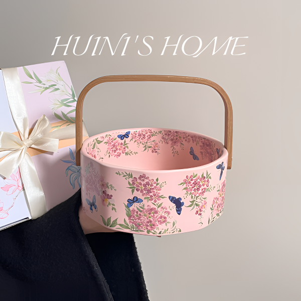 紫薇提篮陶瓷水果篮家用客厅果盘高级复古小众原创礼物创意