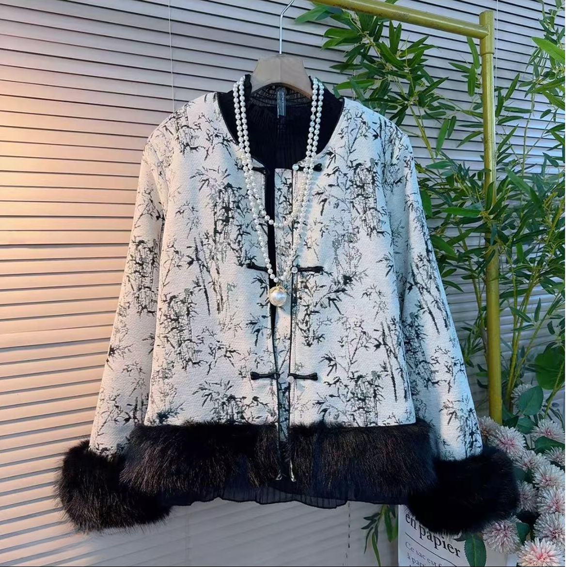 【柚柚】时尚加棉高定水墨画扎染毛尼时尚百搭大码外套