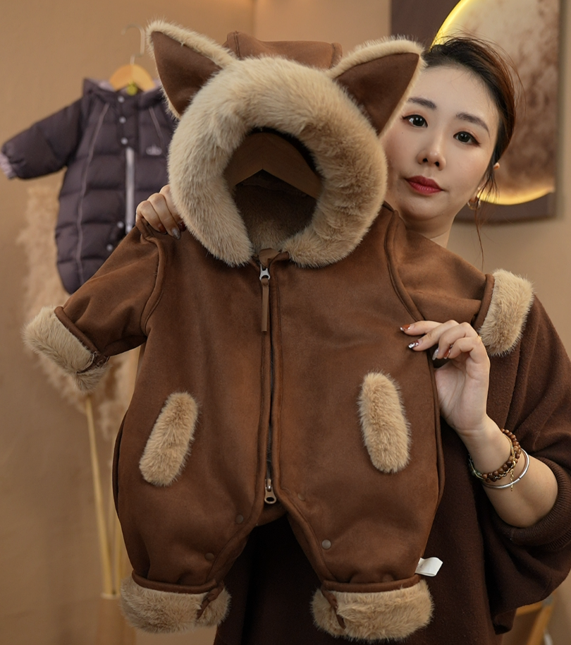 秋冬款皮毛一体儿童加绒连身衣新生儿宝宝连帽衣服婴儿保暖外出服
