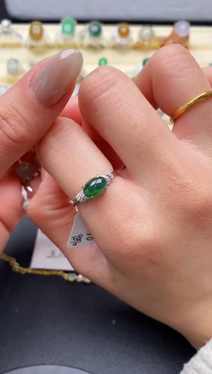 【闪购商品】翡翠戒指银S925镶嵌缅甸天然A货翡翠222   5-2