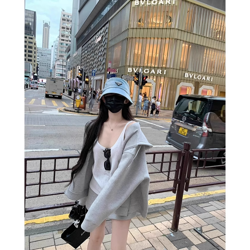 灰色卫衣外套女春秋季2025新款连帽运动早初秋天韩系拉链开衫