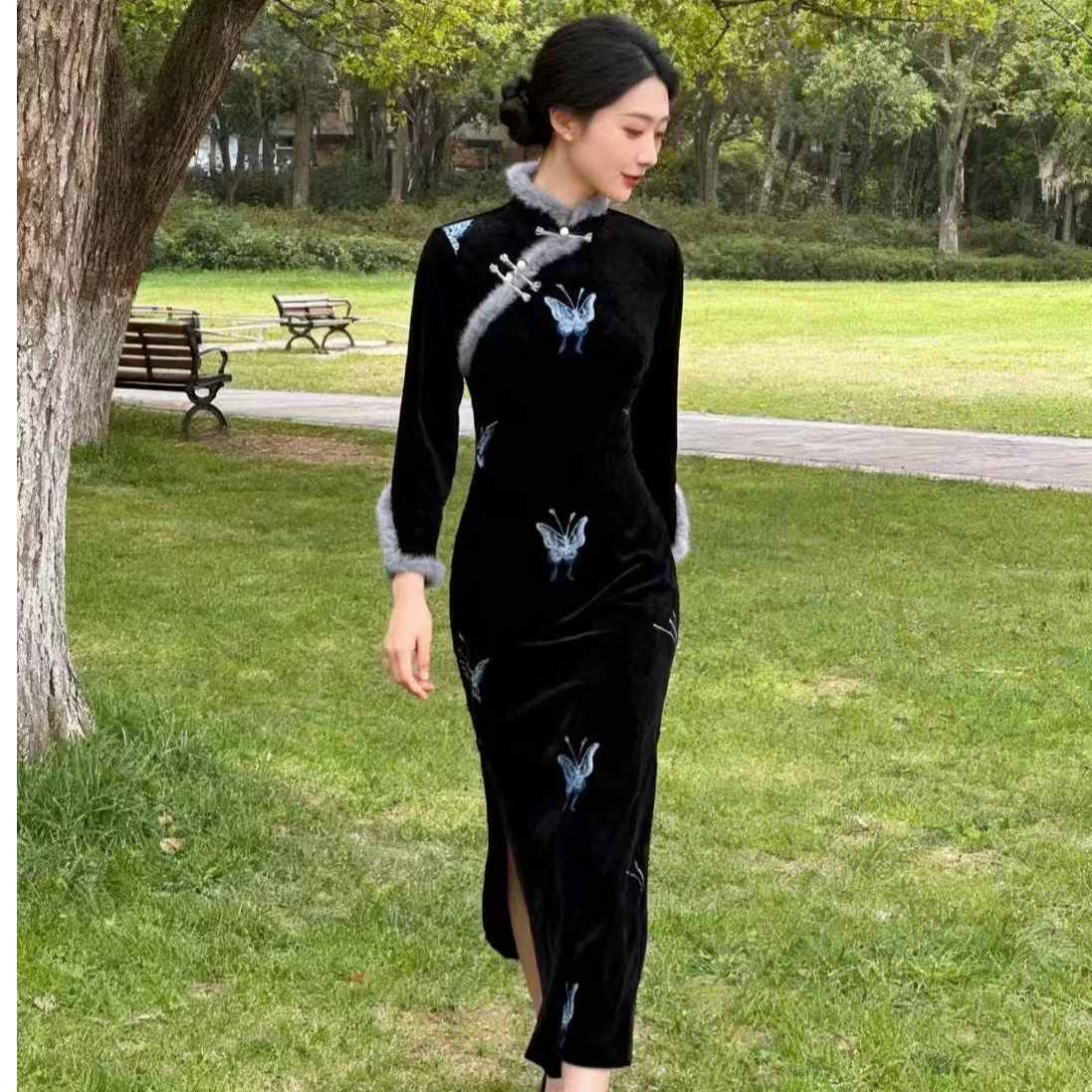 江南春【蓝蝶序】秋冬文艺气质修身高端日常旗袍奢华气质单层加厚