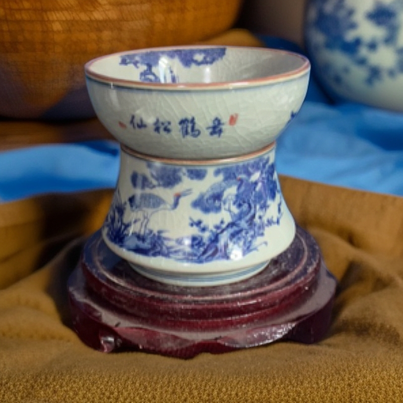 景德镇陶瓷青花老淘泥仙鹤茶楼