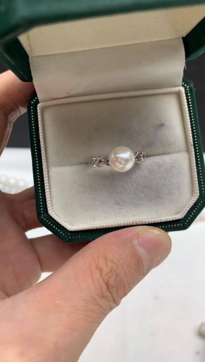 银S925镶嵌ff海水珍珠akoya白珠戒指7~8mm