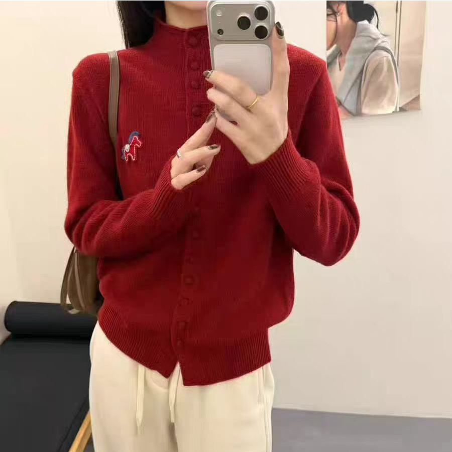 【红扣小马】半高领长袖针织开衫2025秋冬新款小马韩系洋气毛衣女