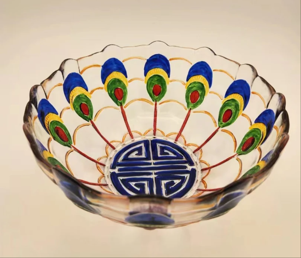 手工彩绘蓝色复古甜点玻璃沙拉碗彩绘果斗编织碗