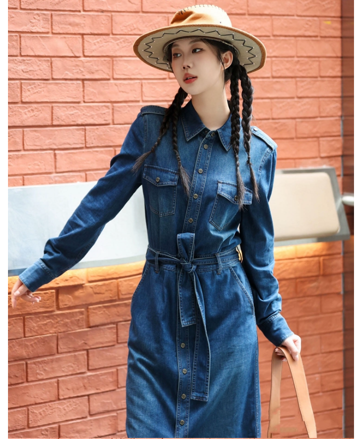 【商场同款】春秋新款时尚复古气质翻领长款风衣牛仔连衣裙1500556