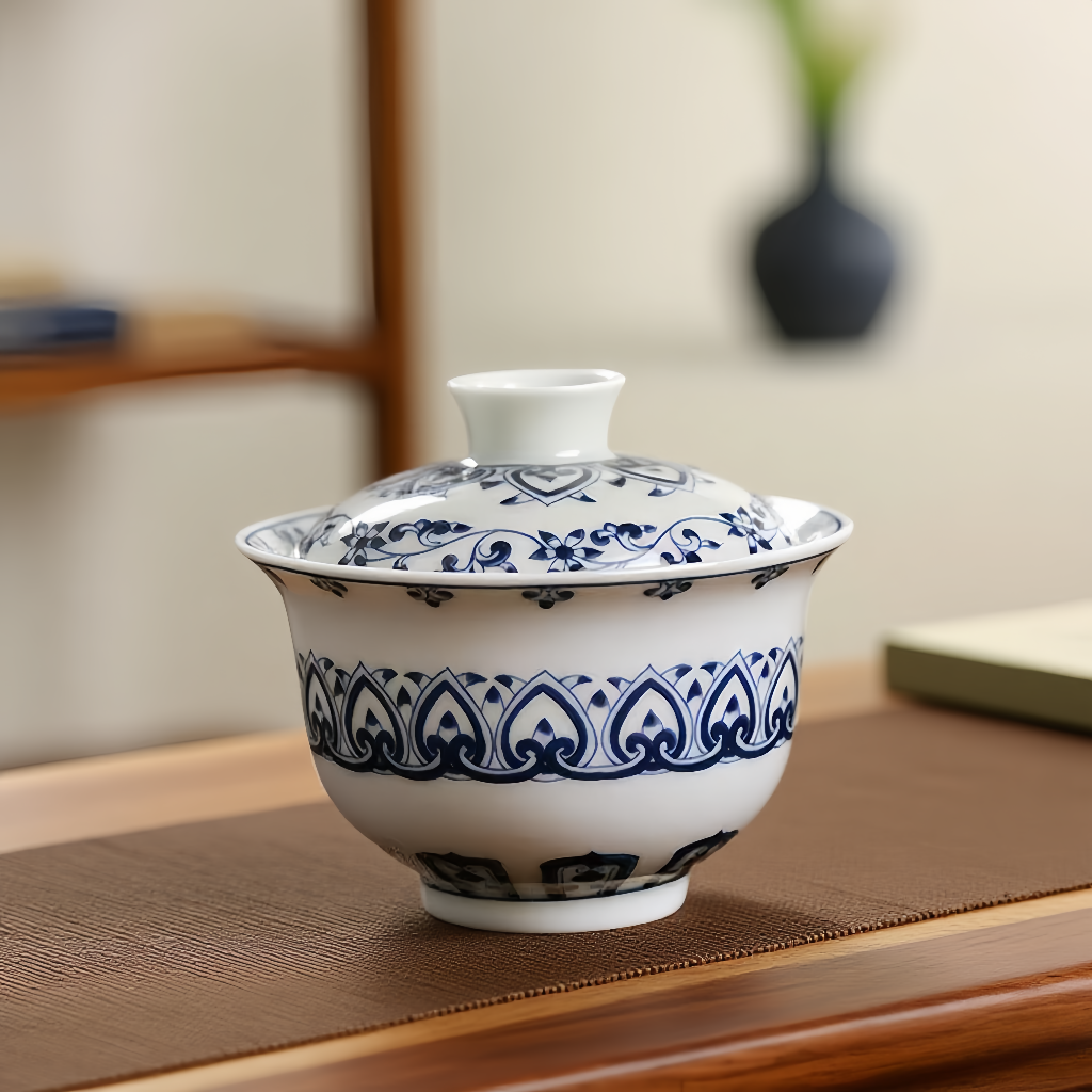 景德镇陶瓷茶具手工青花瓷盖碗宝相卷草二才泡茶家用功夫茶具茶碗