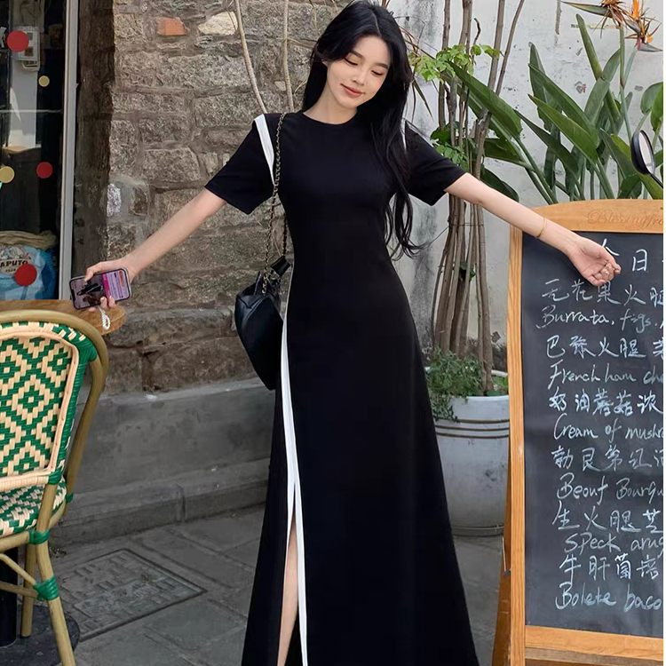 大码设计感长款裙子夏季日常通勤气质女新拼接开叉收腰连衣裙1753