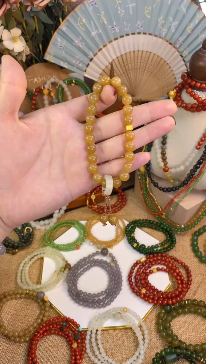 【闪购商品】和田玉手串18K金镶嵌糖玉