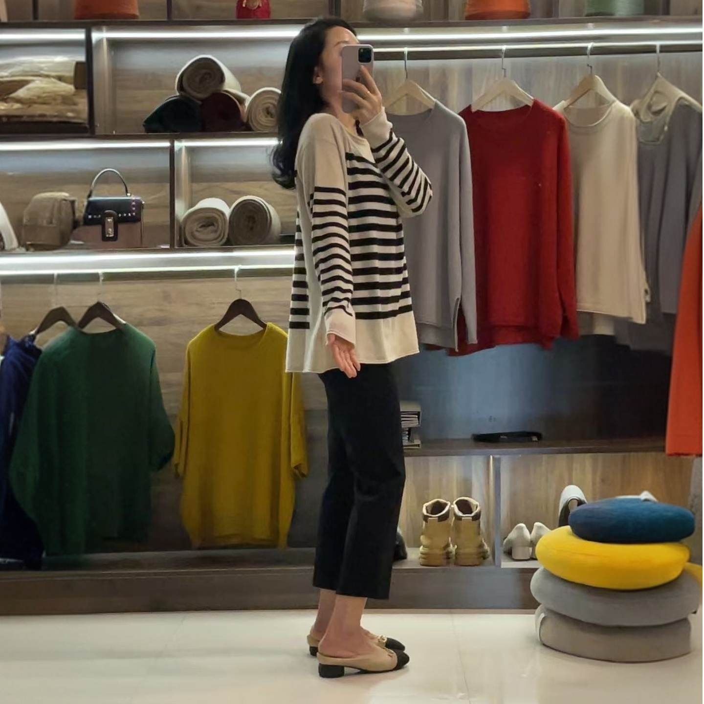 【100%纯山羊绒】圆领拼色针织上衣女 简约百搭