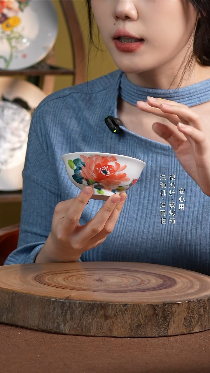 瓷【福利品】景德镇高温手绘釉下彩4英寸茶盅单色红牡丹