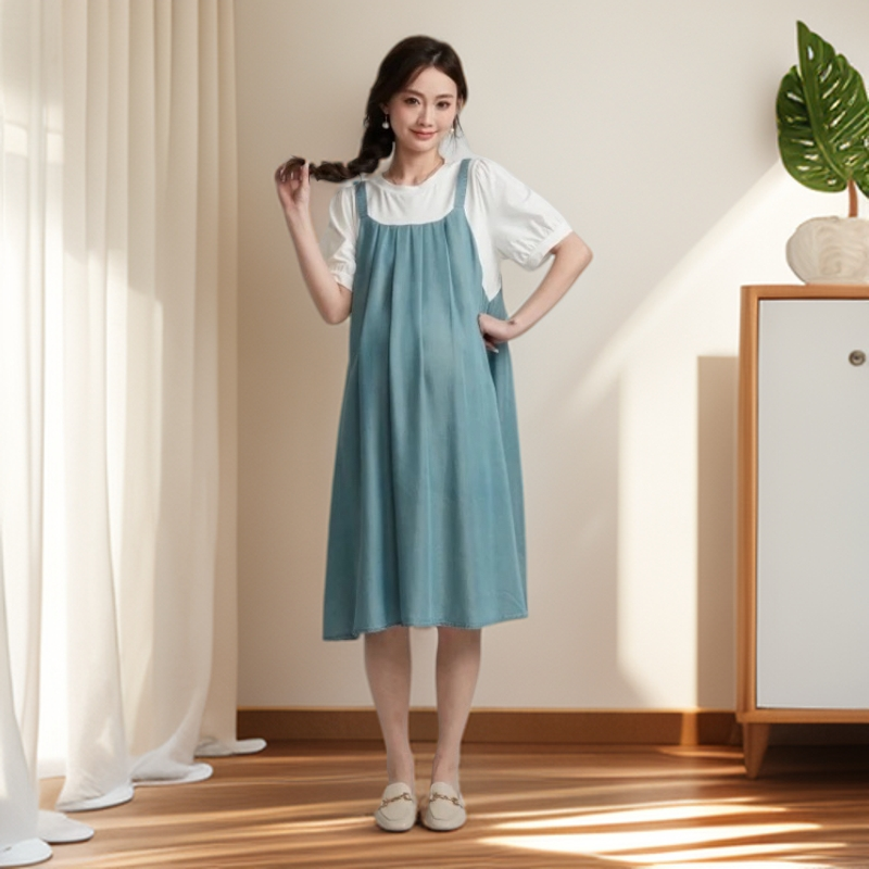 【实体店品质】孕妇装夏季薄款天丝牛仔拼接假两件显瘦宽松连衣裙