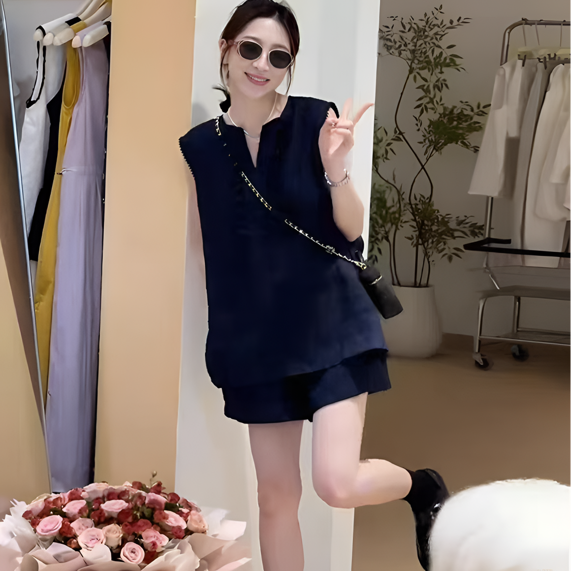 韩版时尚休闲套装女夏季2025新款复古薄款无袖上衣高腰短裤两件套