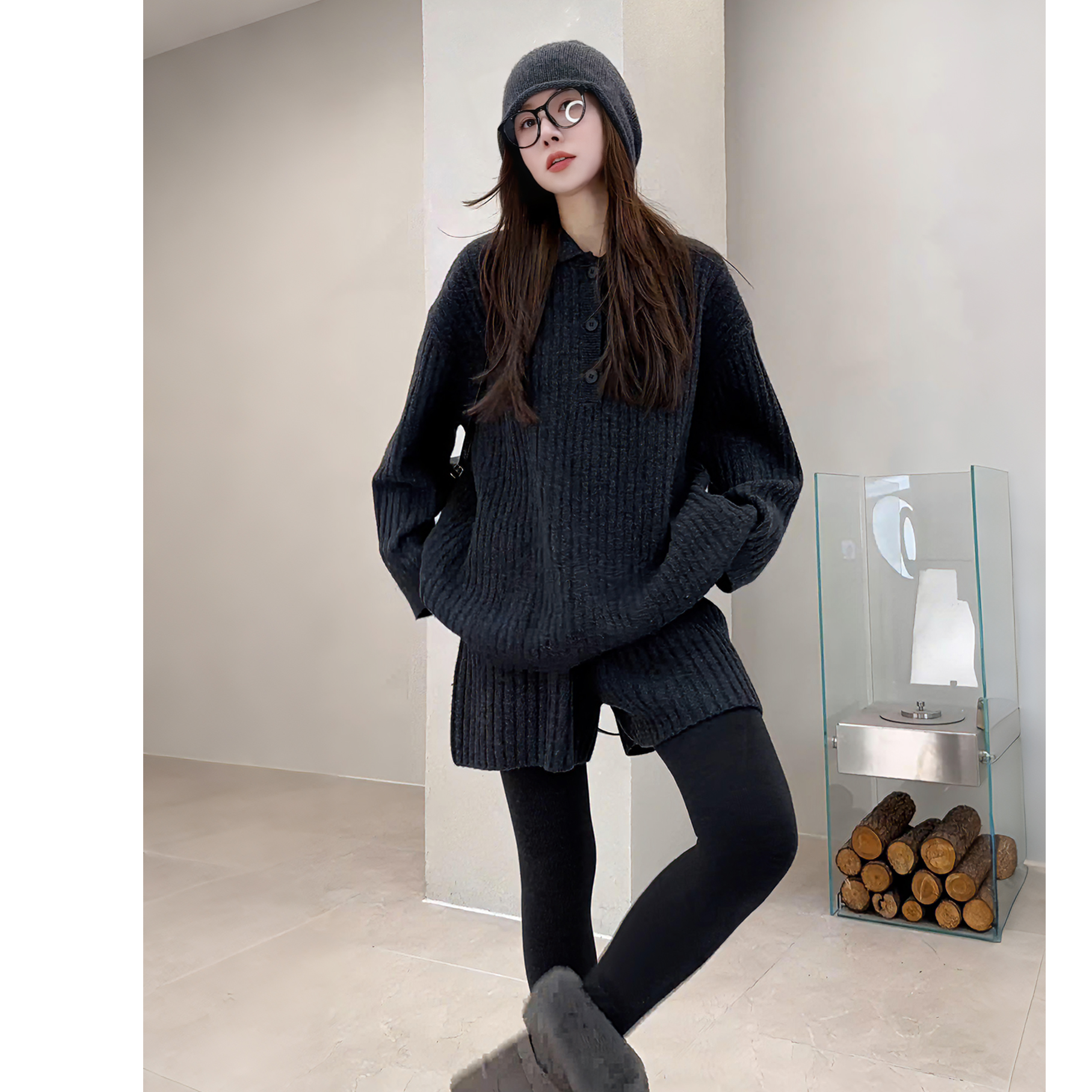 立体竖坑条POLO领针织上衣短裤气质套装女秋冬时尚纯色两件套潮