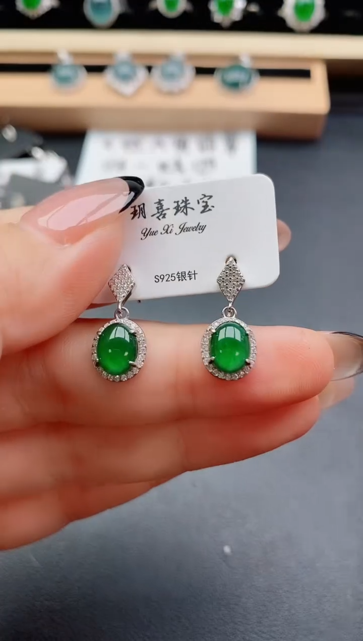 翡翠银S925镶嵌耳饰50800
