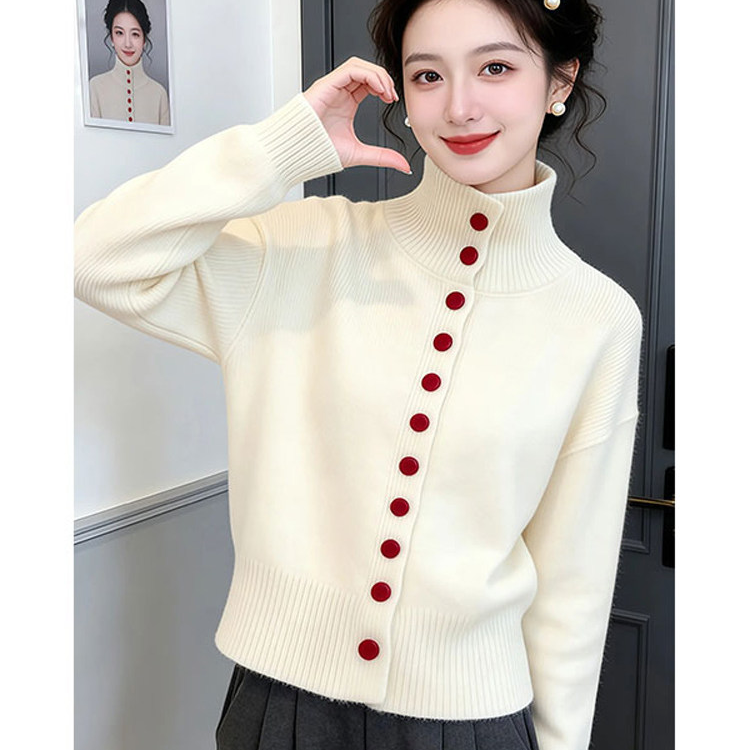 老钱风高领彩扣针织开衫女毛衣外套2025新法式高端加厚保暖打底衫