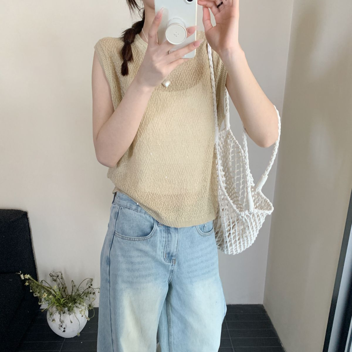 【素简.500157】春款上新亚麻珠片纱爆款背心女装针织衫（5.13福利）