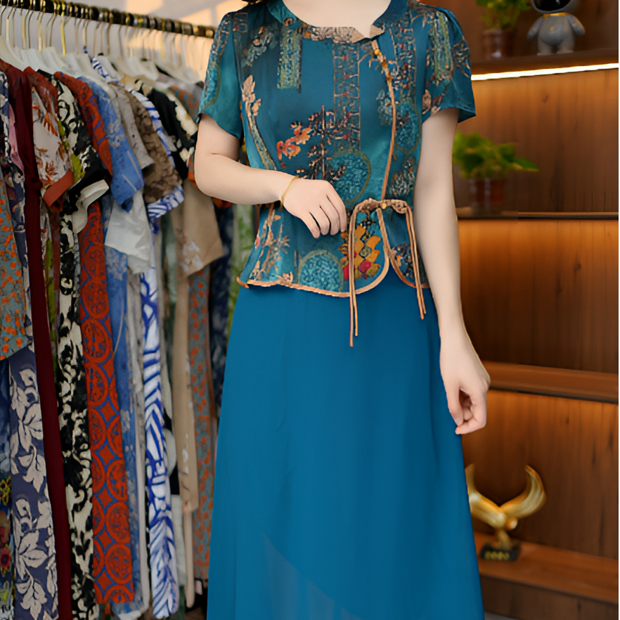 新款绿色国风款假两件圆领连衣裙2013