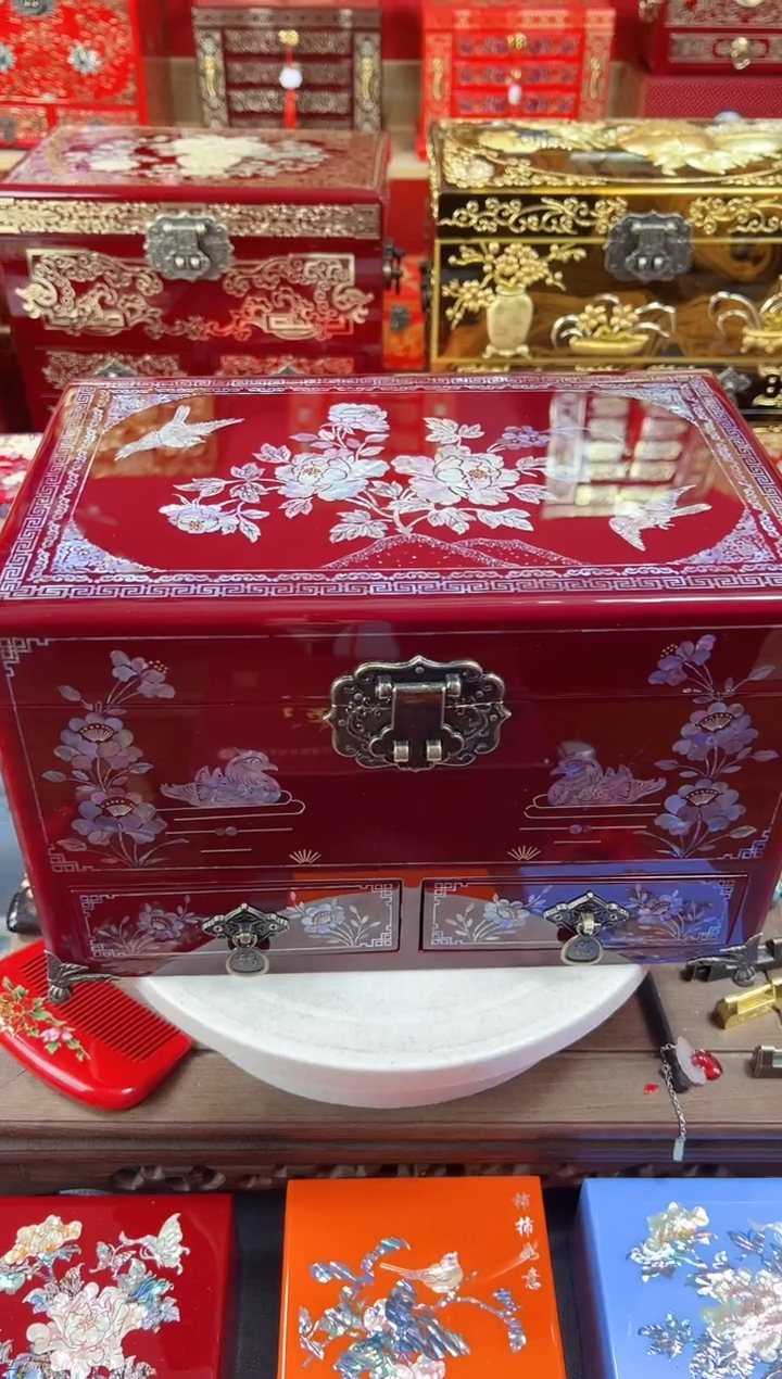 【闪购商品】29厘米三层双抽满面螺钿千层漆面酒红喜鹊