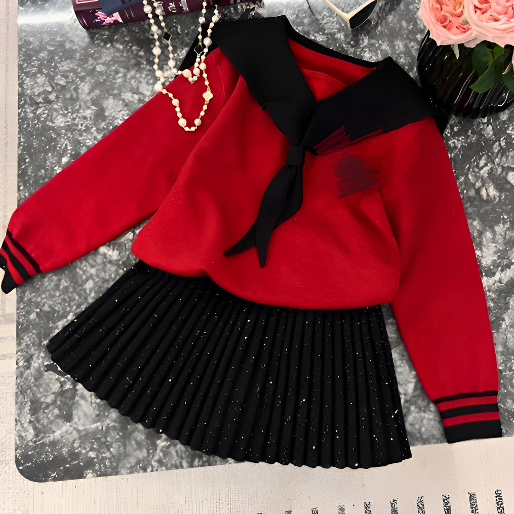 儿童针织毛衣学院风小香风公主洋气时尚秋冬女宝女童毛衣百褶红色