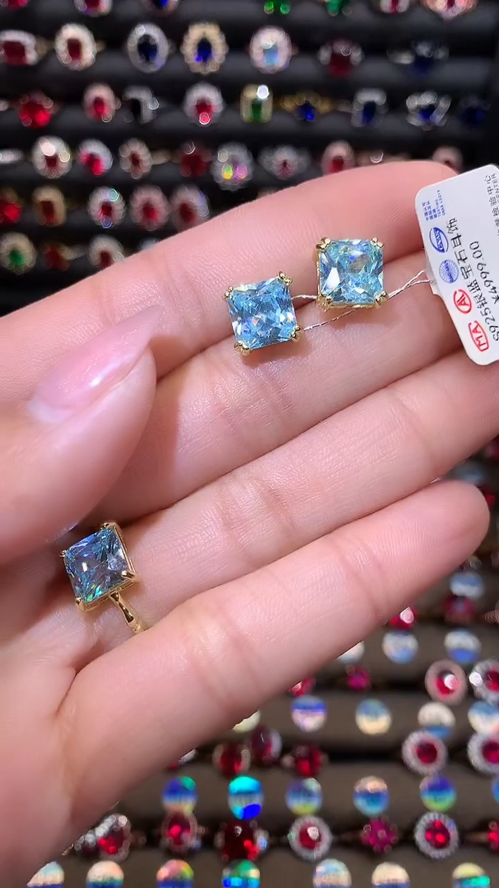 【闪购商品】海蓝宝石耳坠银S925镶嵌8金