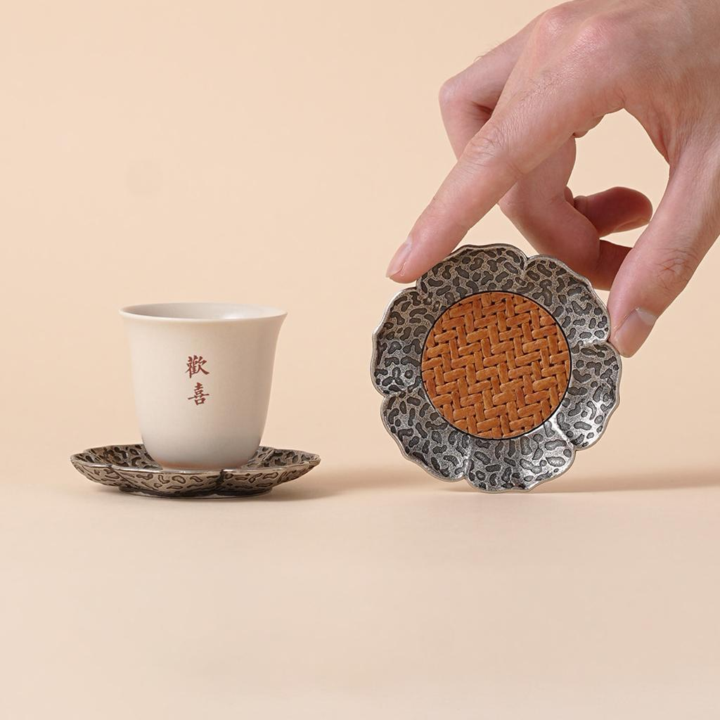 中式锤纹合金藤席水复古藤编莲花杯托组隔热垫功夫茶具配件