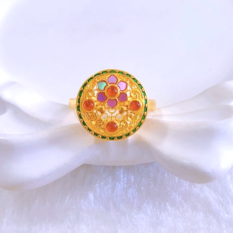 SUNFEEL/赛菲尔黄金足金古法珐琅螺钿窗花黄金戒指